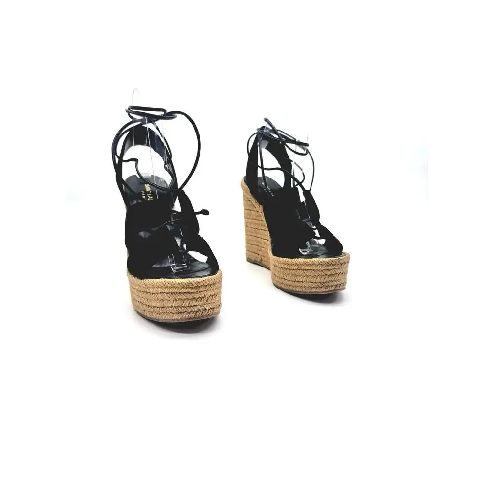 Saint Laurent Black Suede Espadrille Platform Wedge Sandals  Ankle Tie EU 38.5